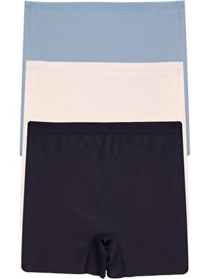 Kadın Lazer Kesim Dikişsiz Kadın Boxer Külot 3 Lü Paket Yüksek Bel Polyester Lacıvert