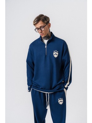 Erkek Şerit Detaylı Yarım Fermuarlı Modal Sweatshirt Lacivert