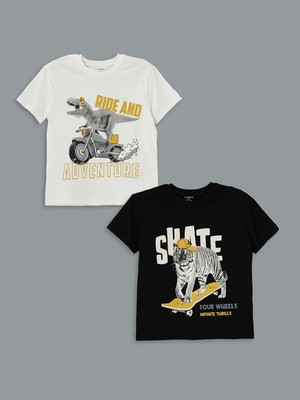 Lc Waikiki Yeni Sezon Bisiklet Yaka Baskılı Erkek Çocuk Tişört 2'li