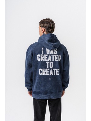 Erkek Create Baskılı Kapüşonlu Oversize Hoodie Lacivert
