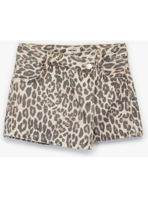 Leopar Desenli Pamuklu Kruvaze Denim Şort Etek