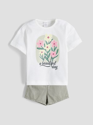 Lc Waikiki Yeni Sezon Bisiklet Yaka Kız Bebek Tişört ve Jean Şort 2'li