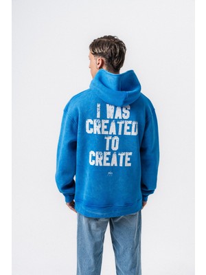 Erkek Create Baskılı Kapüşonlu Oversize Hoodie Mavi