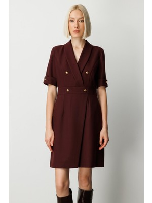 Ekol Kruvaze Yaka Süs Düğmeli Elbise Bordo 04017