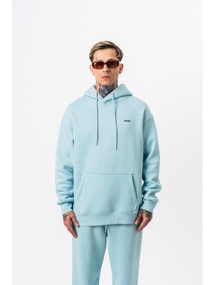 Erkek Respire Yazı Detaylı Kapüşonlu Basic Oversize Hoodie Bebe Mavi