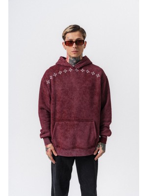 Erkek Muse Baskılı Yıkamalı Kapüşonlu Oversize Hoodie Bordo