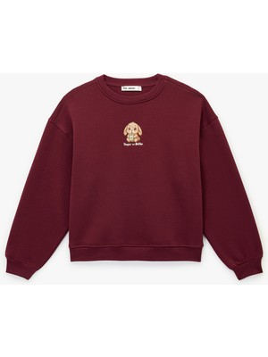 Uzun Kollu Bisiklet Yaka Köpek Nakışlı Oversize Sweatshirt