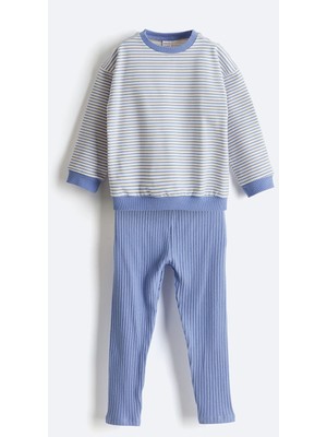 Lc Waikiki Yeni Sezon Çizgili Kız Bebek Sweatshirt ve Tayt 2'li