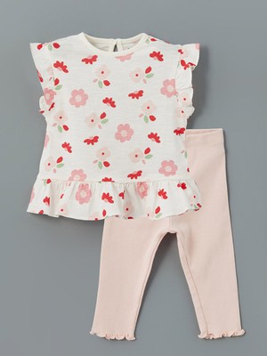 Lc Waikiki Yeni Sezon Bisiklet Yaka Çiçekli Kız Bebek Bluz ve Tayt 2'li