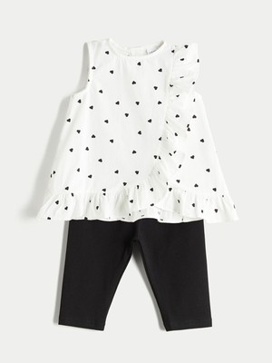 Lc Waikiki Yeni Sezon Bisiklet Yaka Baskılı Kız Bebek Bluz ve Tayt 2'li