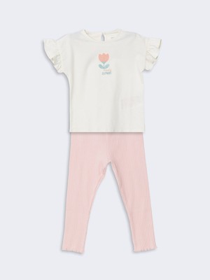 Lc Waikiki Yeni Sezon Organik Kumaş Çiçekli Kız Bebek Tişört ve Tayt 2'li