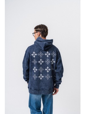 Erkek Muse Baskılı Yıkamalı Kapüşonlu Oversize Hoodie Lacivert