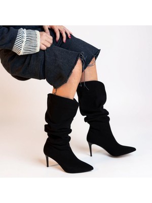 NE&VE SHOES Siyah Süet Kadın Çizme Sivri Burun Stiletto Topuklu Klasik Tasarım