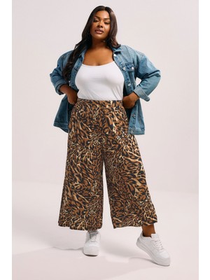 Büyük Beden Beli Lastikli Bol Paça Leopar Desenli Cepli Pantolon 304271
