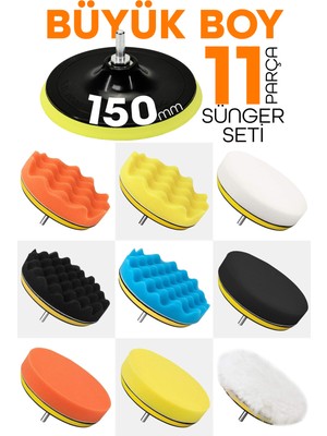 150MM | 11 Parça | Mega Boy Pasta Cila Elyaf Polisaj Süngeri | Matkap Uyumlu Parlatma Seti