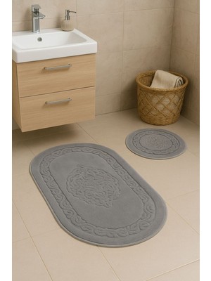 Yumuşak Pamuklu Oval Banyo Paspası 2'li Takım Gri 60X100 ve 50X60