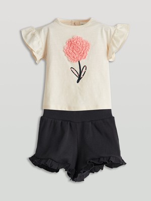 Lc Waikiki Yeni Sezon Aplike Çiçekli Kız Bebek Bluz ve Şort 2'li
