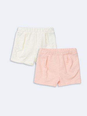 Lc Waikiki Yeni Sezon Kız Bebek Şort 2'li Lastikli Beli Pembe Krem Düz Pamuklu Rahat Kesim