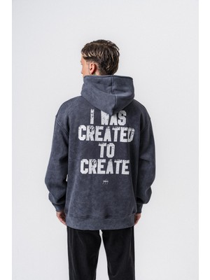 Erkek Create Baskılı Kapüşonlu Oversize Hoodie Füme