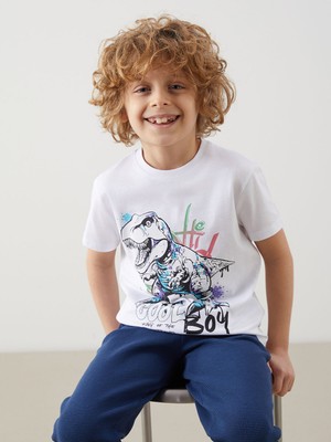 Lc Waikiki Yeni Sezon Bisiklet Yaka Dinozor Baskılı Erkek Çocuk Tişört