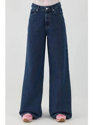 Hiccup Kadın Yüksek Bel Geniş Bacaklı Kot Pantolon Koyu Mavi Denim