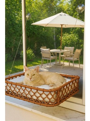 Reyo El Örgüsü Kedi ve Köpek Vantuzlu Cam Yatağı, Iskandinav Kedi Hamağı Puf Minderli Kahverengi