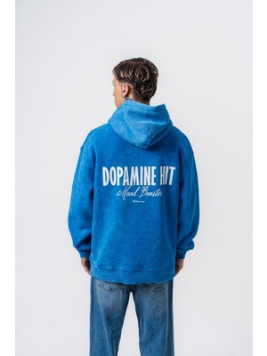 Erkek Dopamine Hit Baskılı Kapüşonlu Oversize Hoodie Mavi