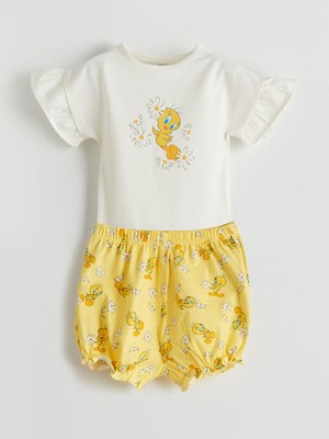 Lc Waikiki Yeni Sezon Tweety Baskılı Kız Bebek Çıtçıtlı Body ve Şort 2'li