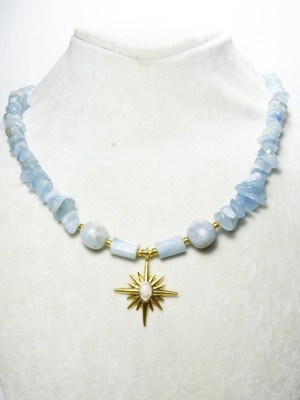 Akuamarin Taşı Tasarım Kolye | Kuzey Yıldızı Detaylı Kolye | Gerçek Altın Kaplama Detaylı