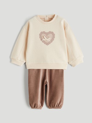 Lc Waikiki Yeni Sezon Kız Bebek Baskılı Sweatshirt ve Kadife Pantolon 2'li