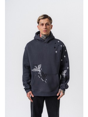 Erkek No Perch Nakışlı Kapüşonlu Oversize Hoodie Füme