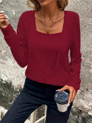Gökyüzü Moda Kadın Uzun Kollu Kruvaze Yaka Kol ve Etek Ucu Manşet Detay Yumoş Bluz