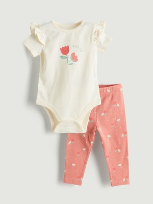 Lc Waikiki Yeni Sezon Organik Kumaş Çiçekli Kız Bebek Çıtçıtlı Body ve Tayt 2'li