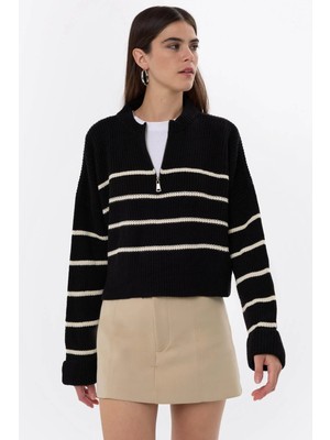 Hiccup Kadın Çizgili Fermuarlı Örme Kazak Siyah