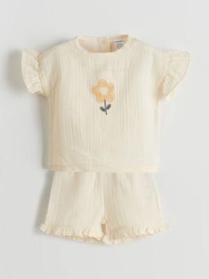 Lc Waikiki Yeni Sezon Bisiklet Yaka Çiçekli Kız Bebek Bluz ve Şort 2'li