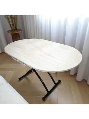 Ortadan Açılır Oval Akıllı Masa Mdf Tabla Traverten Alt Ayak Metal