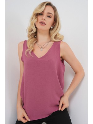 Hiccup Kadın BDART Dokulu V Yaka Kolsuz Bluz Tozlu Gül Pembesi