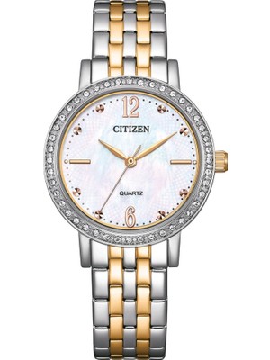 Citizen EL3106-59D Taşlı Tasarım Sedef Kadranlı Çelik Kordon Çelik Kasa 5 Atm Suya Dayanıklı Metalik-Altın Renk Kadın Kol Saati