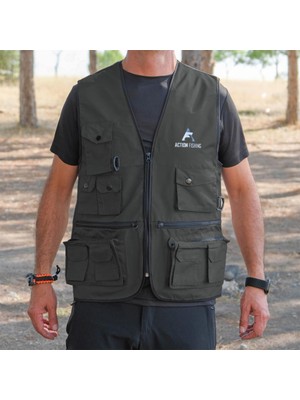 Savex Action Haki Çok Cepli Balıkçı Yeleği Nefes Alabilen Kumaş Erkek Dış Mekan Kullanımı İçin