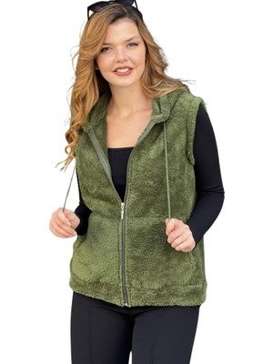 Etkimod Kadın Haki Yeşil Kapşonlu Kolsuz Peluş Yelek