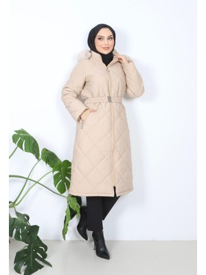 Günay Kadın Kemerli Astarlı Kapitone Mont