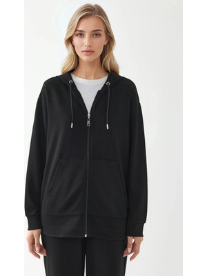 Hiccup Kadın Fermuarlı Uzun Kollu Kalçayı Kapatan Kapüşonlu Sweatshirt Siyah