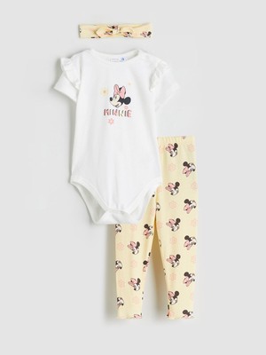Lc Waikiki Yeni Sezon Minnie Mouse Baskılı Kız Bebek Body Tayt ve Saç Bandı 3'lü Takım