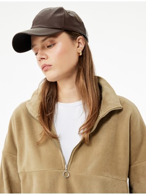 Oversize Uzun Kollu Yarım Fermuarlı Şardonlu Polar Sweatshirt