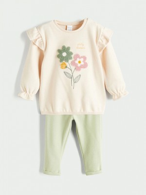 Lcw Baby Bej Bisiklet Yaka Çiçekli Kız Bebek Sweatshirt ve Tayt 2'li