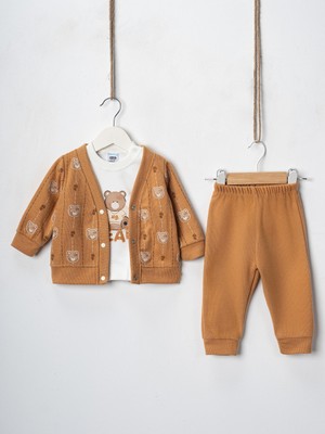 Hoppidik Baby Erkek Bebek 3'lü Selanik Kumaş Hırkalı Takım Ayıcık Hb Baskılı Sweatshirt Beli Lastikli Alt