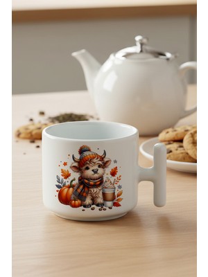 Sonbahar Teması Fall Vibes Highland Cow Baskılı Hediyelik T Kulplu Latte Fincanı Kupa Bardak