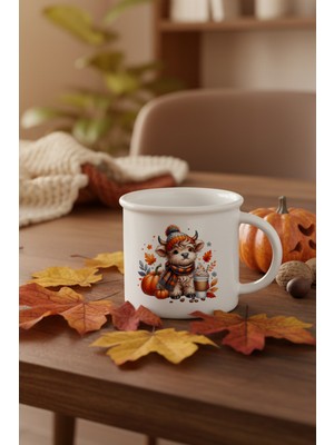 Sonbahar Teması Fall Vibes Highland Cow Baskılı Enamel Görünümlü Seramik Vintage Kupa Bardak