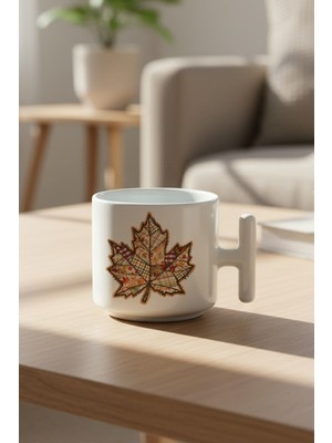 Sonbahar Yaprak Baskılı Hediyelik T Kulplu Latte Fincanı Kupa Bardak