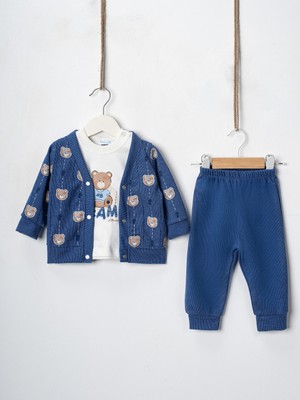 Hoppidik Baby Erkek Bebek 3'lü Selanik Kumaş Hırkalı Takım Ayıcık Hb Baskılı Sweatshirt Beli Lastikli Alt
